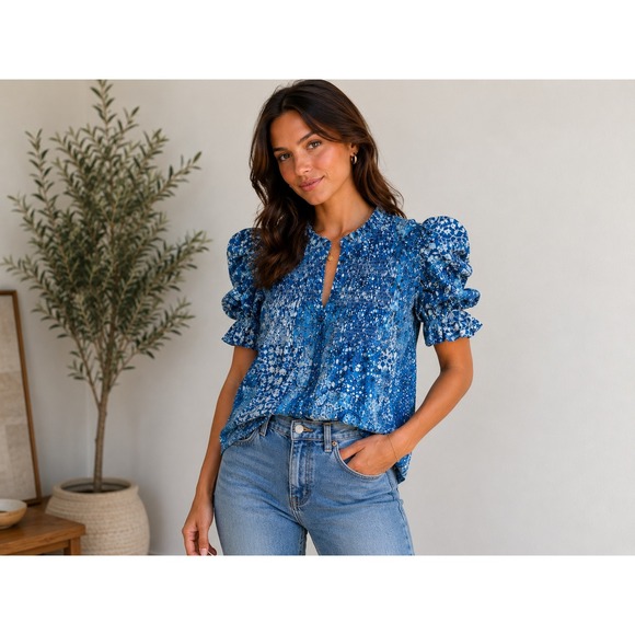 Rose + Olive Tops - Rose + Olive Blue Floral Smocked Puff Sleeve Blouse Womens Medium Split Neck Top
